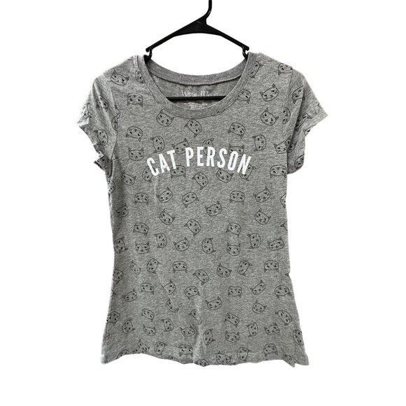 🌸3/$15🌸Gray Round Neck Short Sleeve Cat Person Tee Junior sz L - Picture 1 of 4